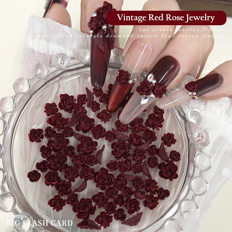 50 قطع الأحمر روز مسمار الفن سحر 3d يترك الزهور مسمار الزينة اكسسوارات للأظافر diy