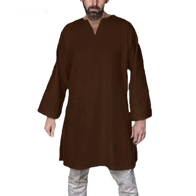 Camicie da uomo medievali europee Tunica Top vichinghi Uomini adulti Guerriero Costume da pirata Camicia a maniche lunghe in cotone Costumi Cosplay di scena
