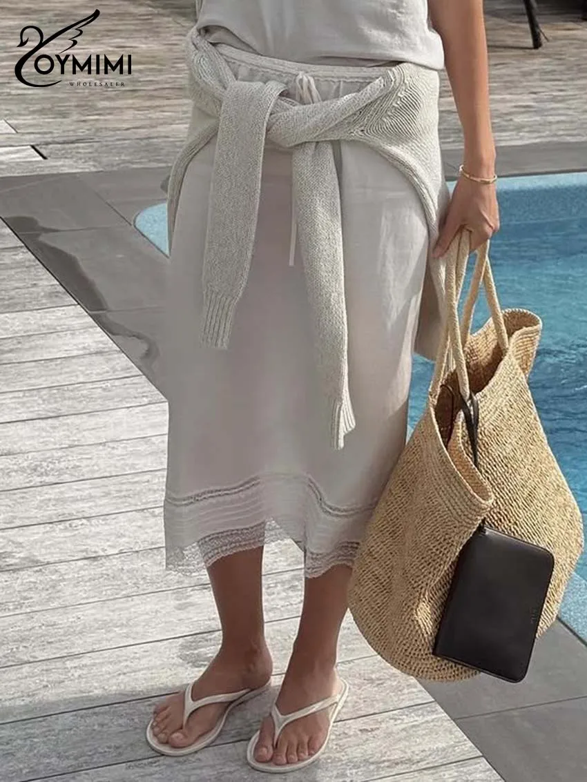 

Oymimi Elegant White Lace Skirts For Women Casual High Waisted Drawstring Skirts Fashion Straight Mid-Calf Skirt Female Clothing