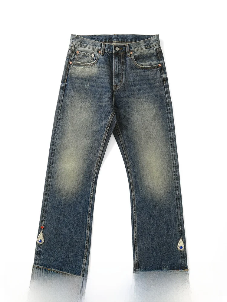 

Retro Distred Blue Rivet Embedded Diamond Roing Narrow Levis Bell Bot Jeans Youthful American Sle Cotton 00%