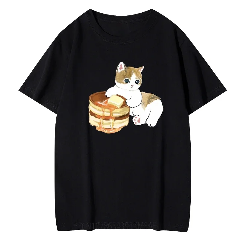 Bread Cat Shark Cat Funny Kawaii print ladies T-shirt casual basis O-collar Black white Women T shirt short sleeve ladies Tshirt