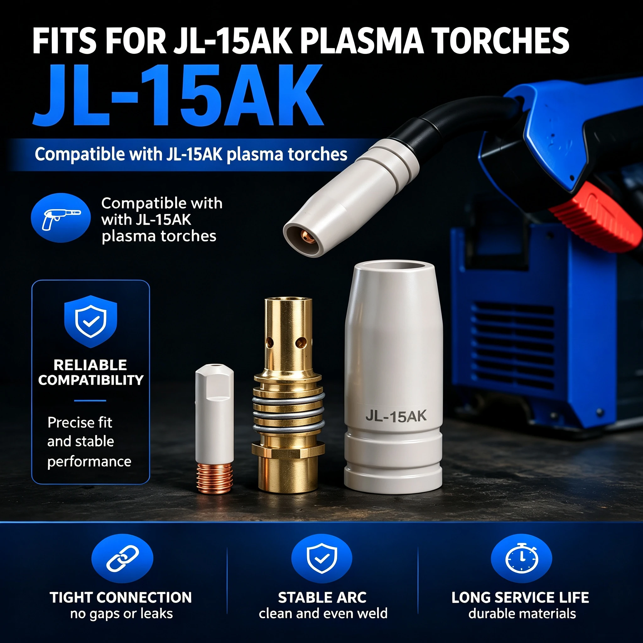 15AK Welding Torch Nozzle Kit – 3-Piece Set with Anti-Spit Coating, Contact Tip & Connector Rod – MIG/MAG Welding Accessories