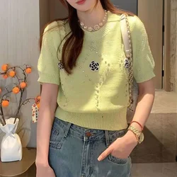 Women's Clothing French Chic Floral Knit T-shirt Spring Summer Fashion Slim O-neck Short Sleeve Pullover Sweet Short Top Tees