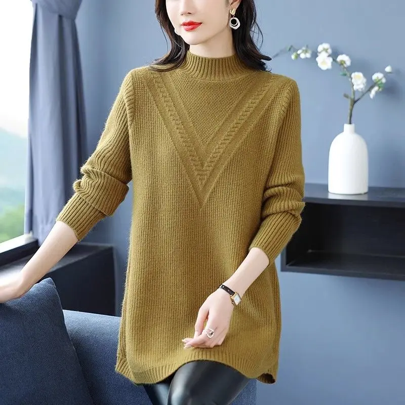 Women's Autumn Winter Sweater Loose Solid All-match Knitted Pullovers Korean Mid-Length Jumper Tops Q538