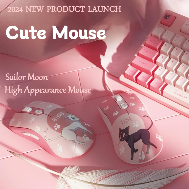 

2024 NEW Cable Mouse Beautiful Girl Warrior Esports Game Pink Girl Cute Anime Co branded Cat Mouse For Laptop Tablet Mac iPad