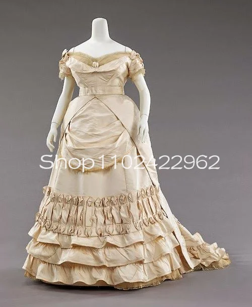 Champange Ivory Steampunk Victorian Evening Occasion Dresses Ruched Ruffles Off shoulder Silk Stain History Costume Prom Gown