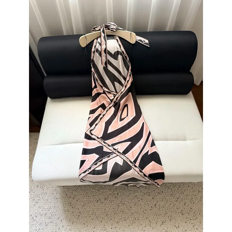 Women Pink And Black Neck Hanging Geometric Pattern Irregular Silk Long Dress