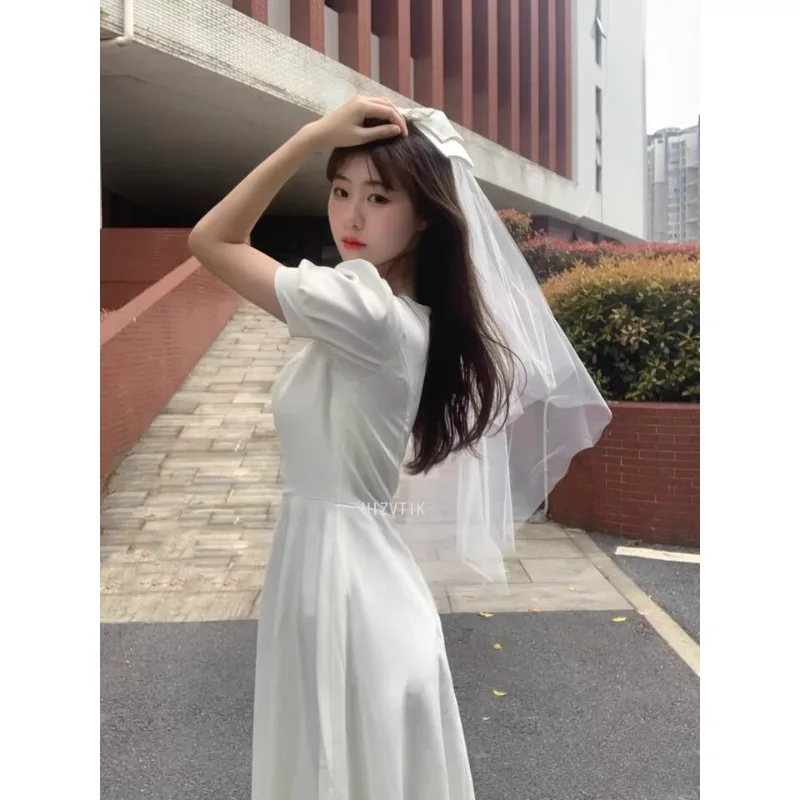 Light Luxury Satin Midi Wedding Dresses Temperament Dress Women's Summer White Photos Shoot Dress Simple Bridal Gown Customized