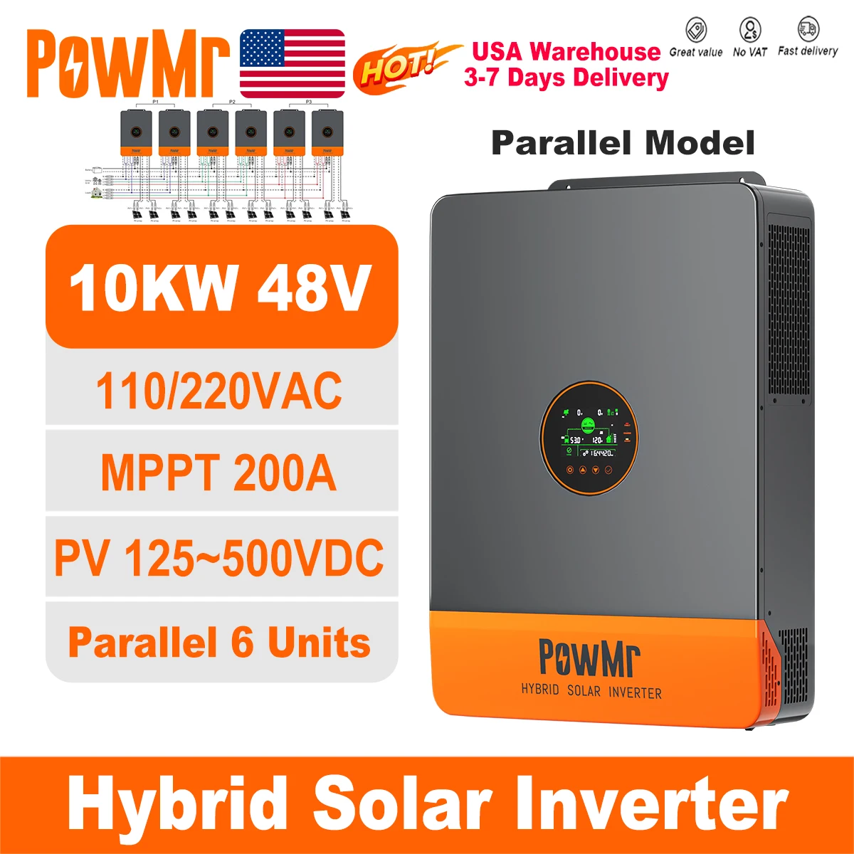 

POWMr USA 10KP 10000W 48V Hybrid Solar Inverter Split Phase 110/220Vac Pure Sine Wave 2 MPPT 99.9% Efficiency Off Grid On Grid Solar Charger Battery Inverter UPS BMS WIFI 6 Units Parallel Home RV Cabin Farm Emergency Power Solar System