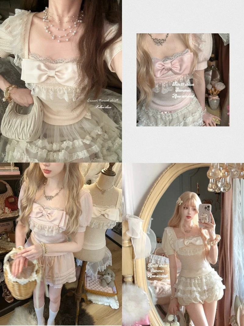French Style Sweet Cute Short Sleeves Square Neck Top Shirt Ribbon Girl Doll Feel Bow Knitted Pullover Blouse Women's Clothing