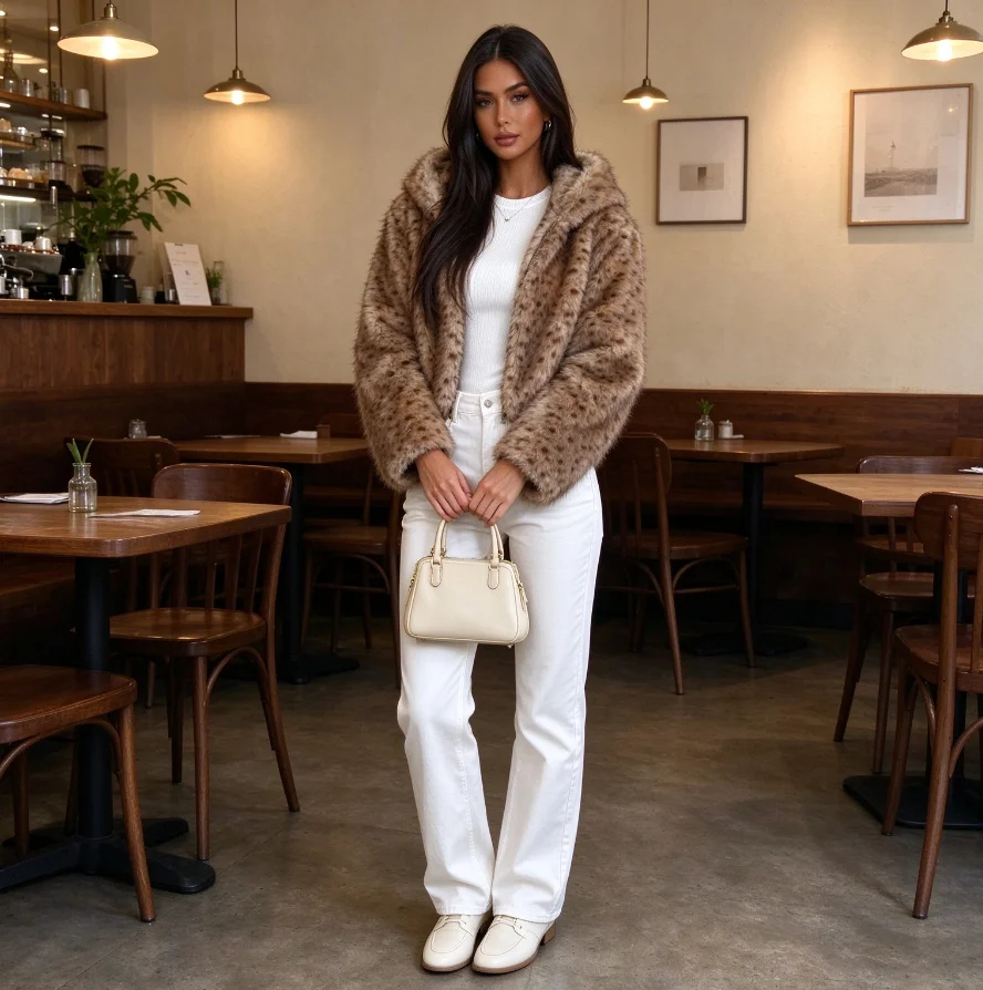 Women Faux Fur Coats Short Coat Hooded Zipper Jackets Leopard Print Jacket Elegant Work Autumn Winter Thick Warm Y2k Streetwear