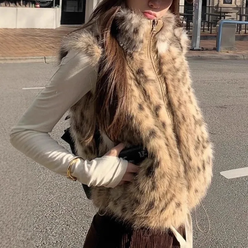 

Women's Leopard Print Faux Fur Gilet Trendy Winter For Street Style Versatile Daily Commute Soft Stand Collar Comfortable Vest