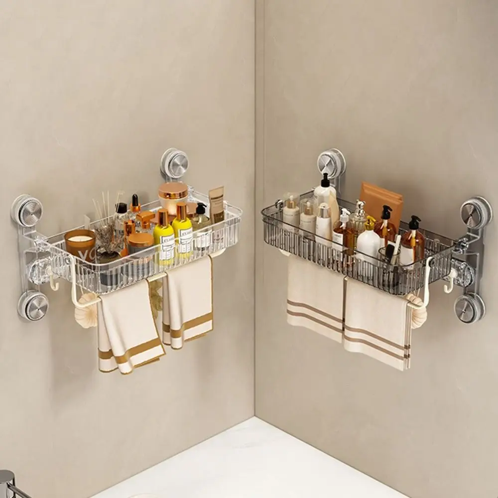 

Wall Mounted Suction Cup Bathroom Shelf Space Saving Large Capacity Toilet Storage Racks Plastic with Towel Shelf and Hooks