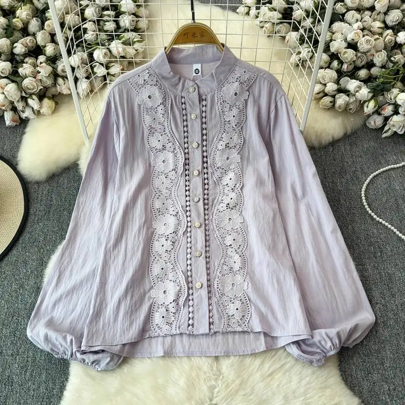 

BabYoung Elegant Lace Hollow Out Blusas Mujer 2025 Spring Autumn New Stand Collar Shirts Women Y2k Long Sleeve Loose Blouses