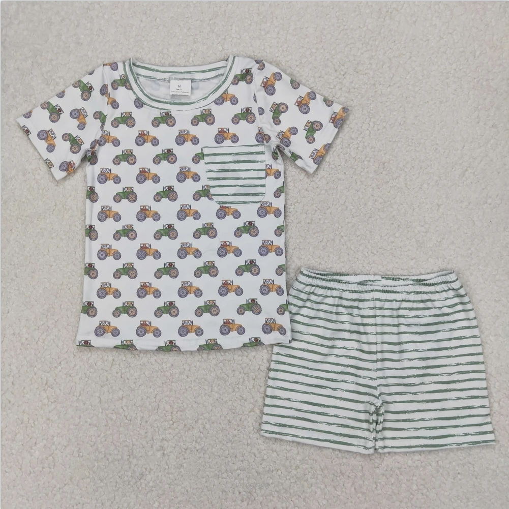 

Hot Sale Kids Designer Clothing Wholesale Children Clothes Baby Boys Farm Trucks Pocket Shirt Top Tee Shorts Clothes Sets