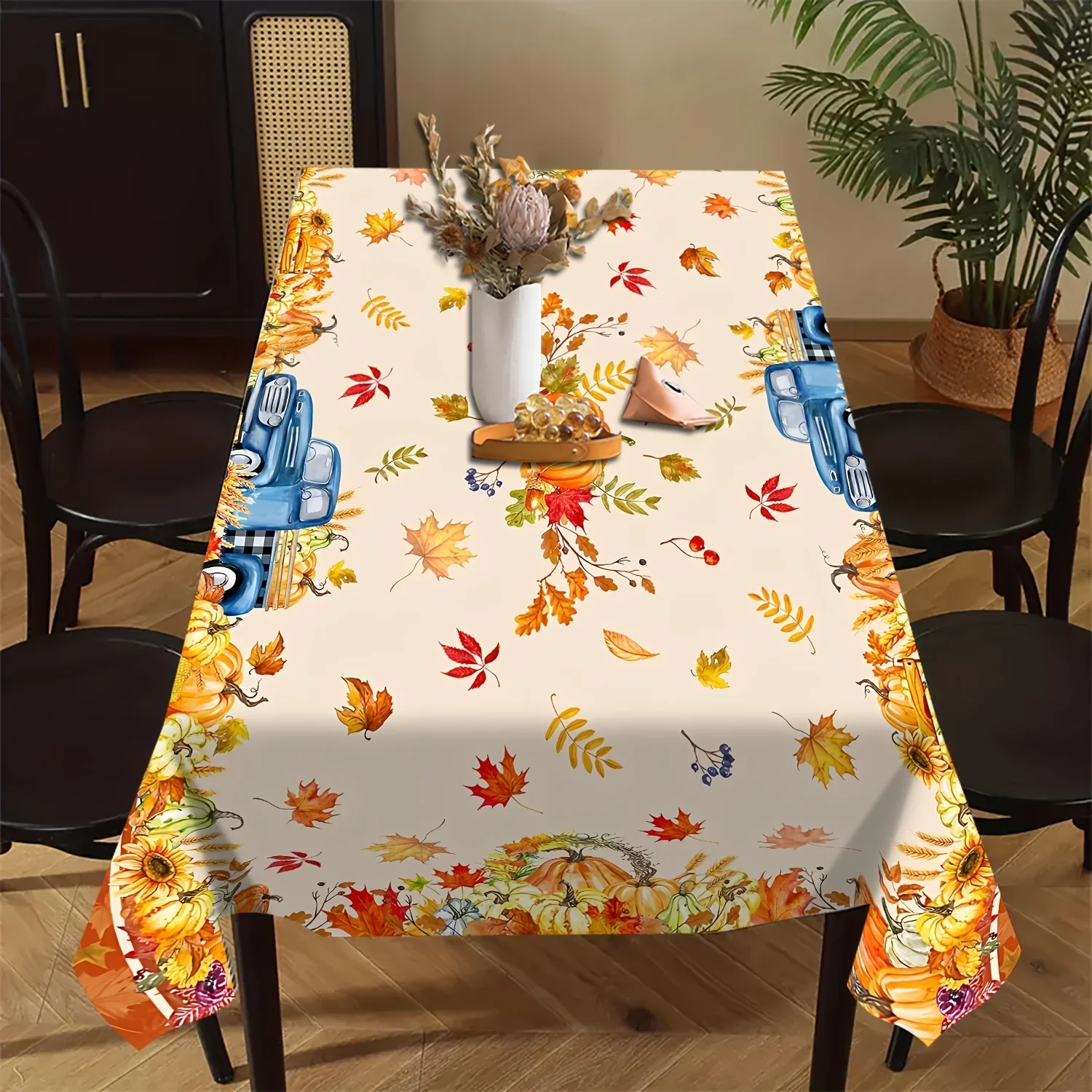 Autumn Thanksgiving Pumpkins Truck Rectangle Tablecloths for Table Decor Fall Maple Leaves Sunflowers