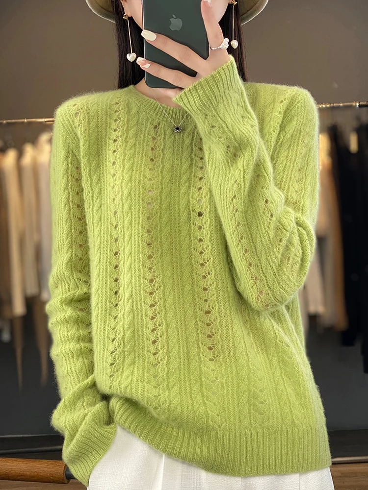 

Fashion Women Cashmere Sweater 100% Merino Wool Knitted Pullover Autumn Winter O-Neck Hollow Knitwear Twist Flower Casual Top