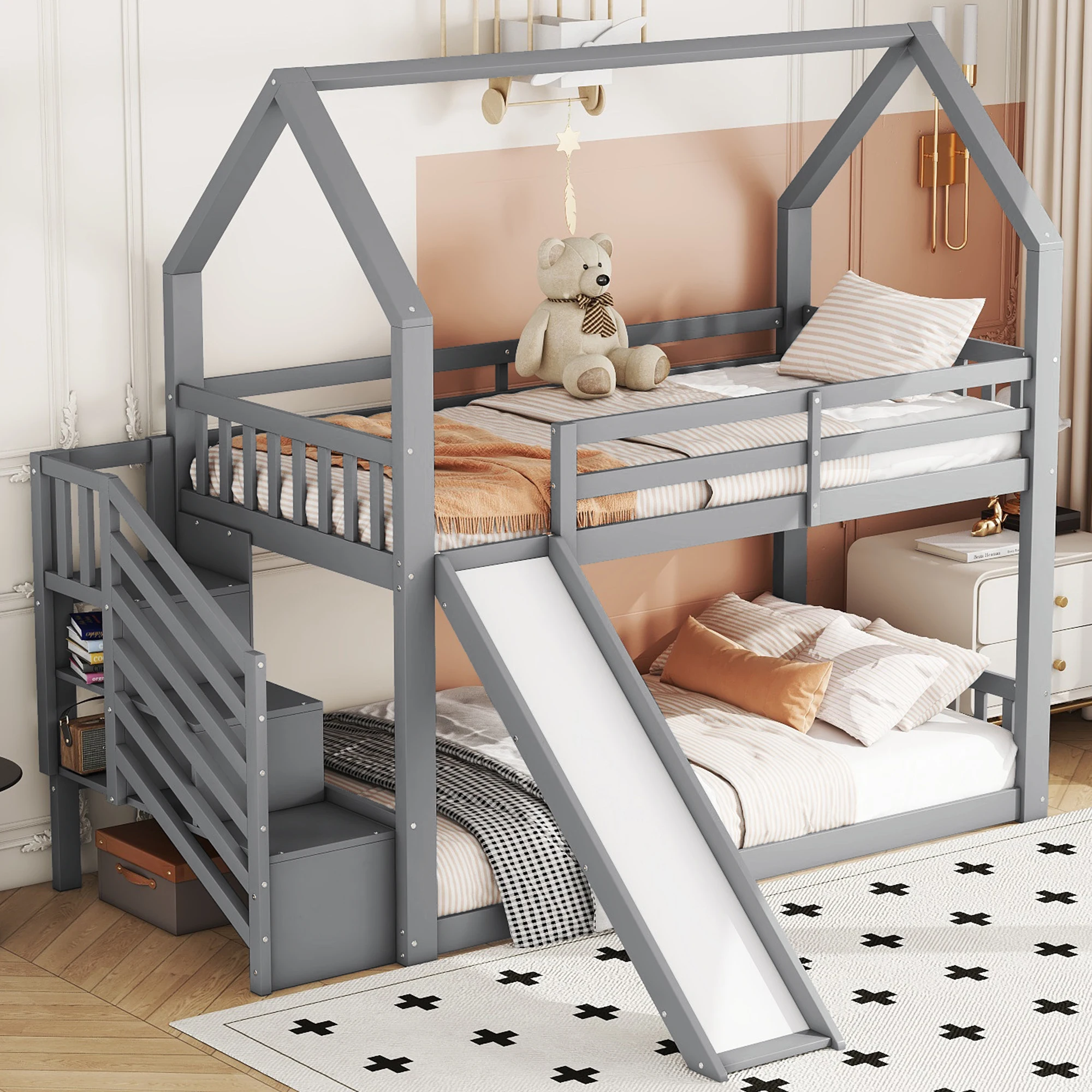 Floor bed with storage stairs and slide, children's bed with railing, suitable for children and teenagers, 90x200 cm, Gray