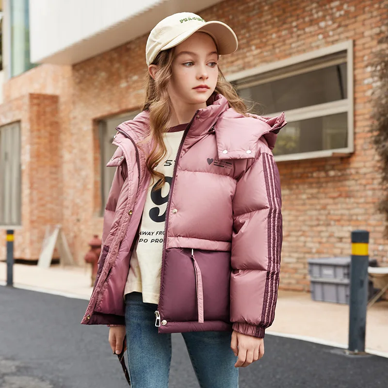 

2025 Winter Kids Girls Down Coat Thicken Windbreaker Teenager Girls Puffer Jacket Hooded 5-12 Year Children Girls Warm Outerwear