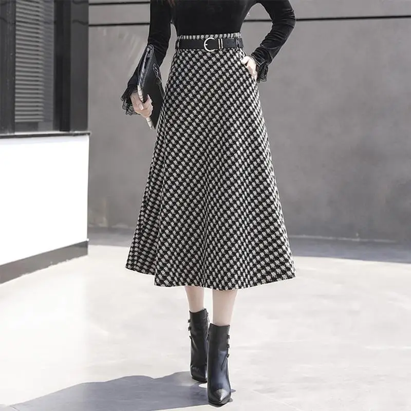 Women Autumn Winter Fashion Office Lady Printing High Waist Skirt Women Clothes Elegant Temperament All-match Trend A-line Skirt