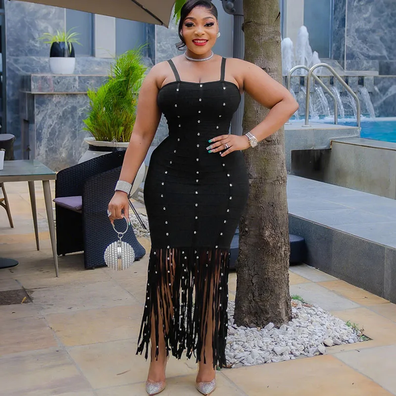 

Сексуальное черное платье без бретелек на тонких бретельках для женщин на день рождения с кисточками и бисером, тонкое облегающее платье макси для ночного клуба, вечеринки, выпускного вечера, Vestido