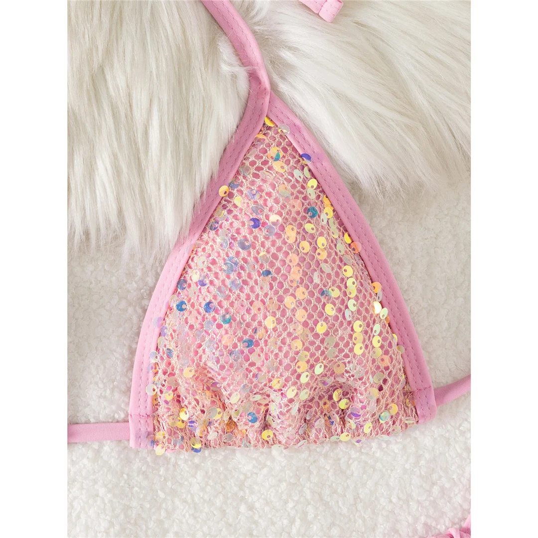 Funkelnder Bikini mit Pailletten, Neckholder und hohem Beinausschnitt, Damen-Badeanzug, zweiteiliges Bikini-Set, Badebekleidung, Badeanzug, Modell V6678. – Detail 25
