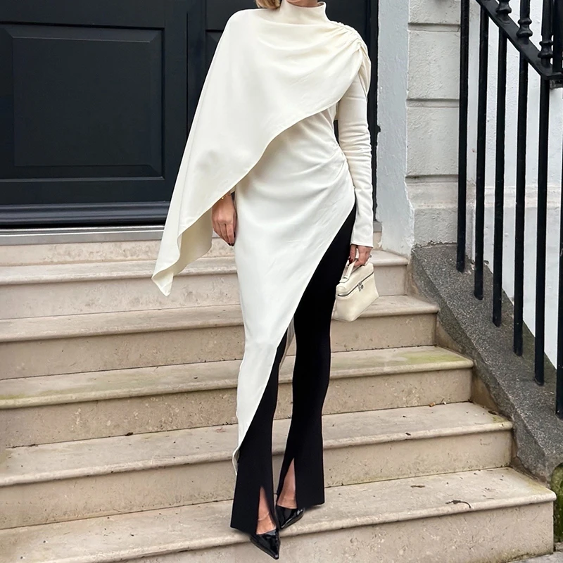 

Женская блузка из новой двухслойной ткани, с полувысоким воротником, весна 2026, асимметричный приталенный женский топ с длинным рукавом