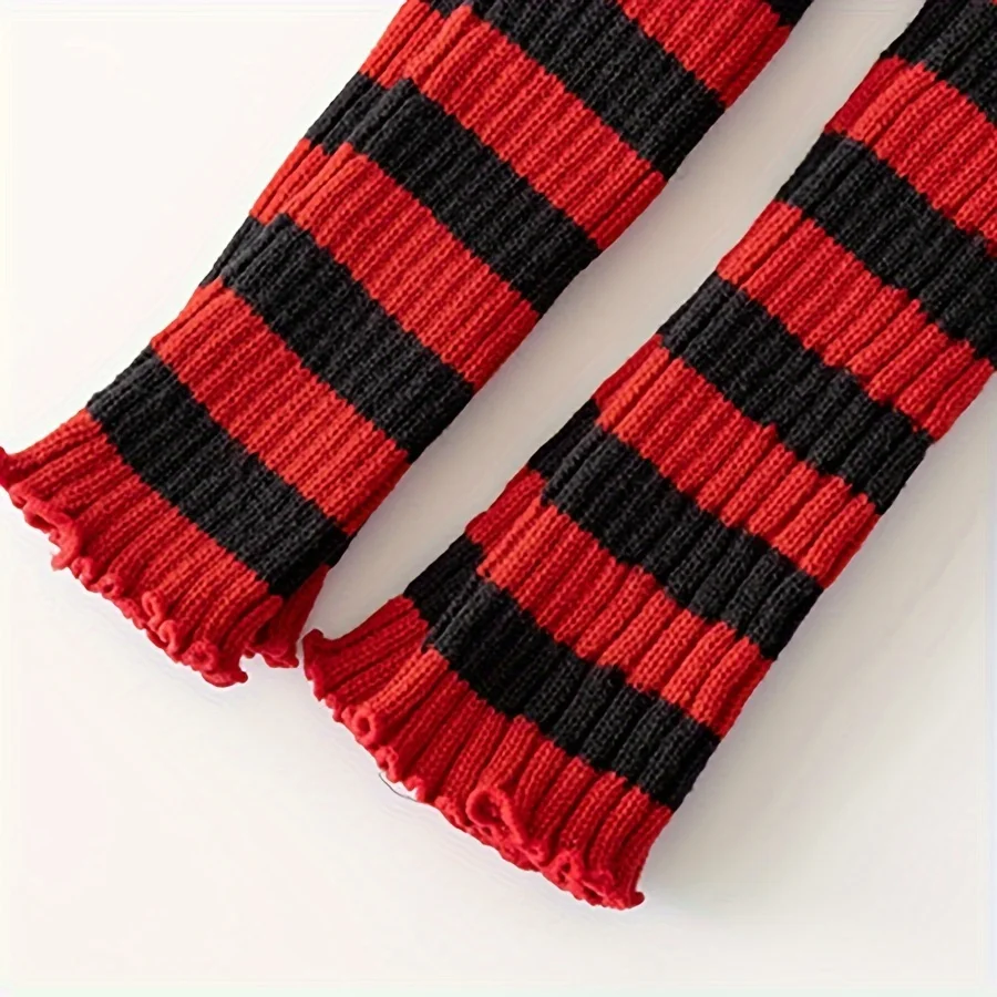 Red-black Striped Long Half Finger Arm Sleeves Feet Cover Elastic Gloves Y2K Fashion Women Girls Striped Elbow Gloves Solid Goth