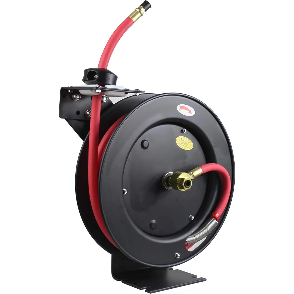 

50104 25ft Auto Rewind Retractable Reel with 3/8" x 25' Long Air Hose with Brass Fittings, Black & Red