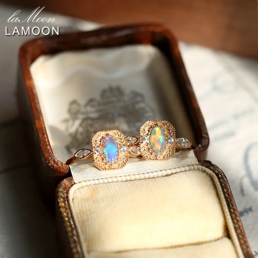 

LAMOON Vintage Luxury Synthesis Opal Rings 925 Sterling Silver Ring For Woman Gold Plated Oct Birthstone Brithday Gift RI193