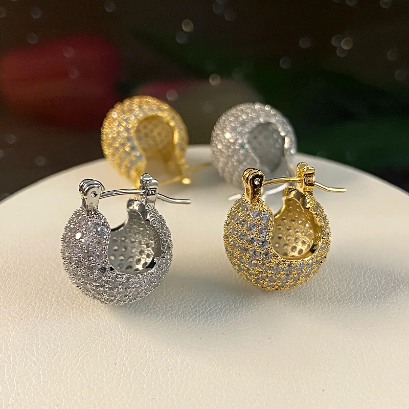 

Korean New Design Fashion Jewelry Gold Plated Double Full Zircon Round Earrings Luxury Women's Party Accessories