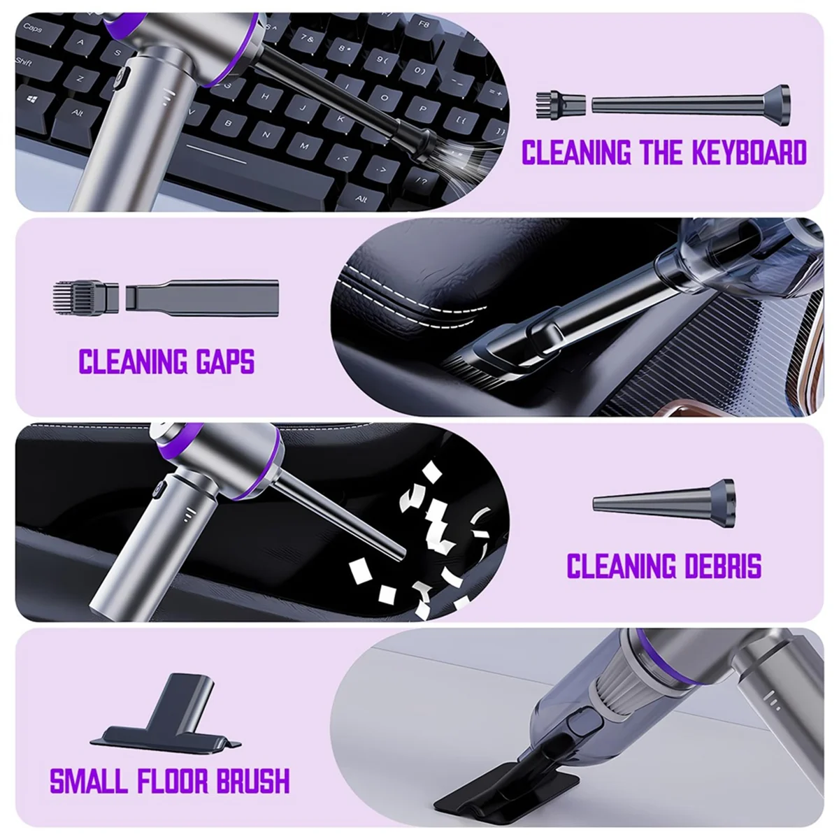 Car Vacuum Portable Cordless Mini Vacuum Cleaner Compressed Air Duster&Air Blower&Pump Hand Held Vacuum Silver Purple