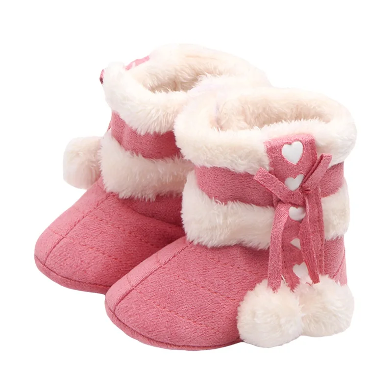 

BeQeuewll Newborn Girls Winter Boots Cute Bow Plush Pom Snow Shoes Warm Baby Walking Shoes for Toddler Infant For 0-18 Months