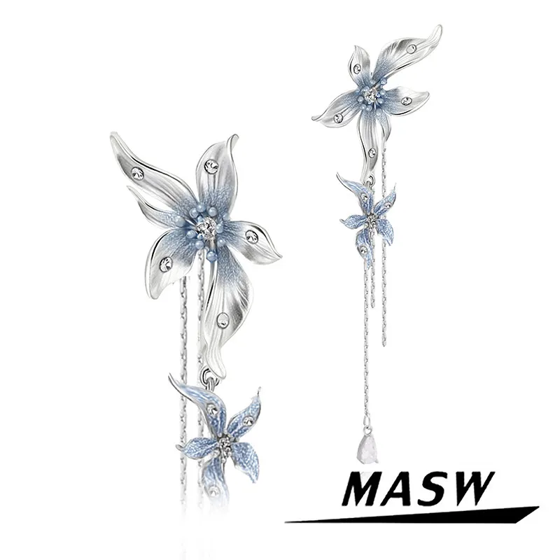 

MASW Original Design Blue Flower Tassel Earrings For Women Female Gifts Temperament Pretty Ear Accessories Fashion Jewelry