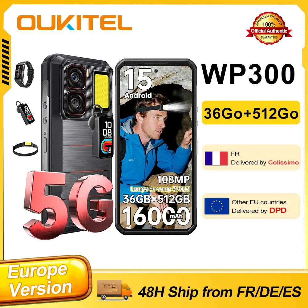 OUKITEL WP300 36(12 + 24)GB 512GB Smartphone 6,8 "FHD + 120Hz 5G 108MP 16000mAh 45W Camping Light Android 15 teléfonos relojes inteligentes