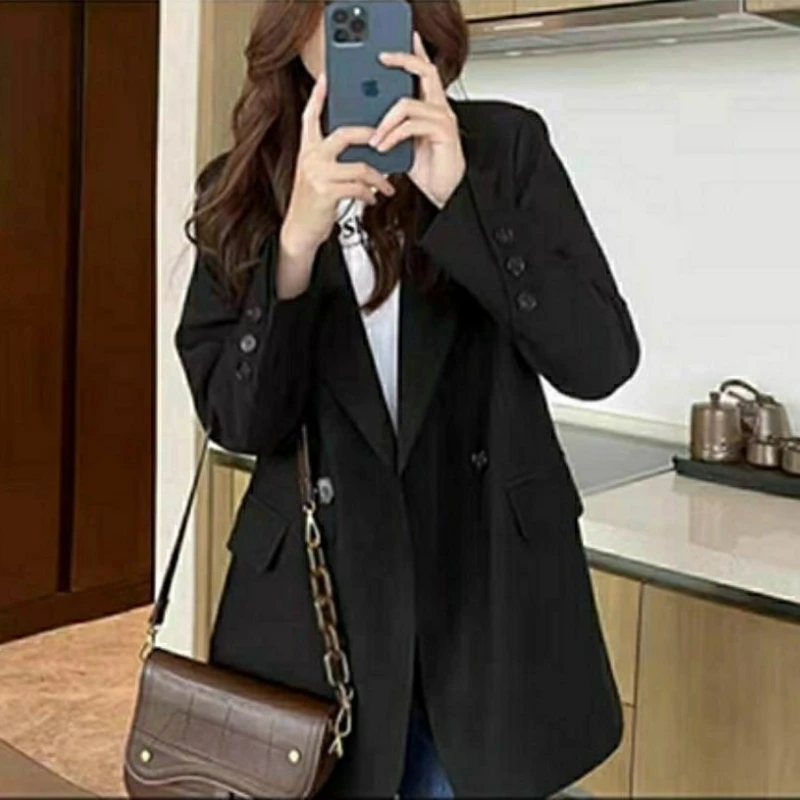 Women's Suit Jacket Spring Autumn Formal Work Clothes Office Clothing Solid Color Double Breasted Pocket Trim Coat Korean