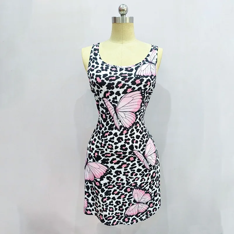 2025, neue Damen-Kleid in Übergröße, modisch, locker, lässig, breiter Schultergurt, Schmetterlingsdruck, U-Ausschnitt, ärmellos, kurzer Rock