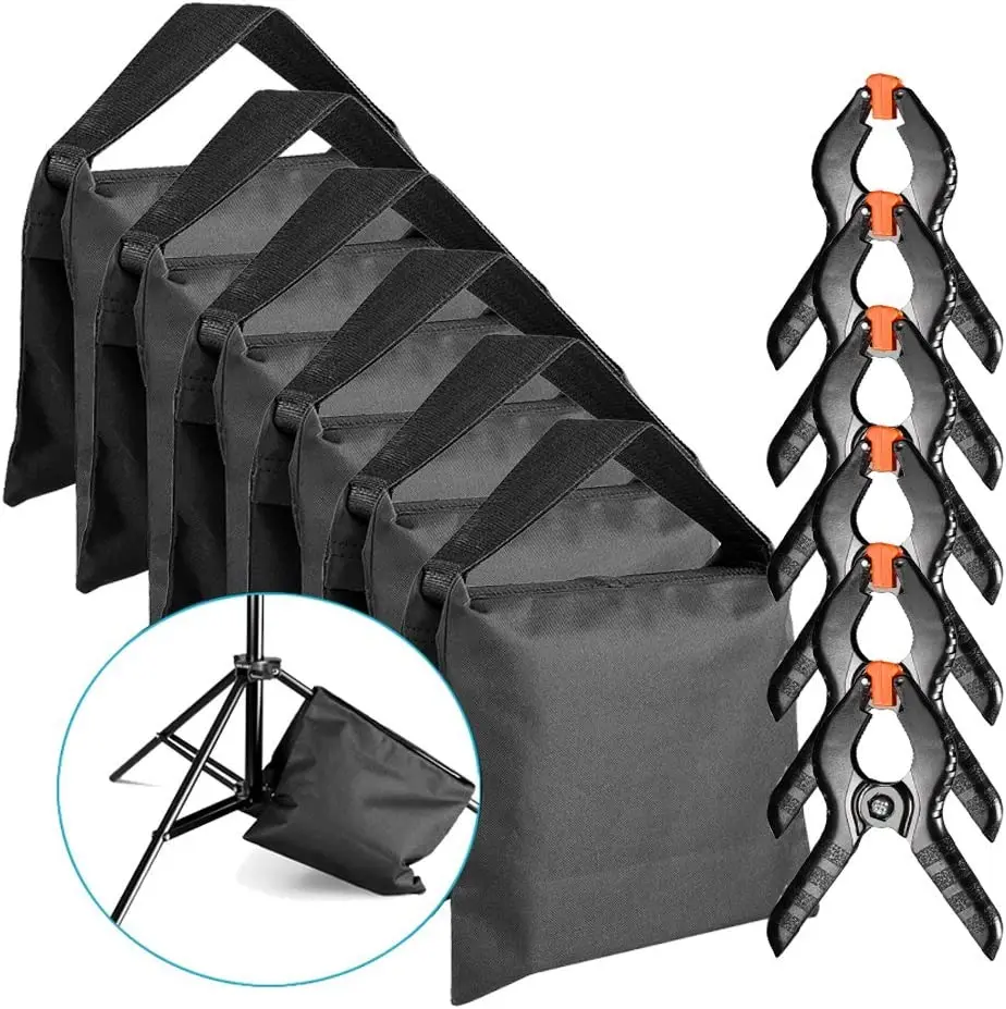 Neewer 6-Pack Heavy Duty Sandbag (Black) for Photo Studio Light Stands Boom Arms with 6-Pack Muslin Backdrop Spring Clamps Clips