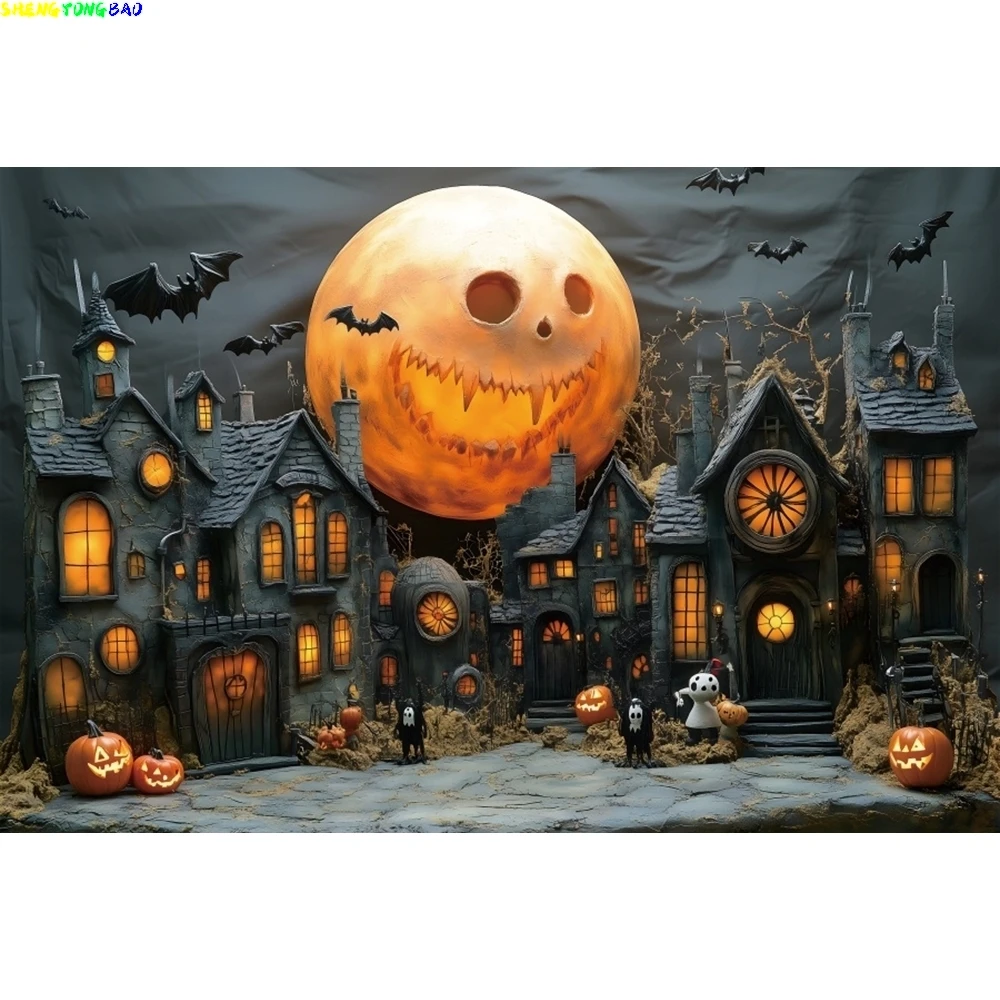 Halloween Photography Backbdrop Full Moon Horror Night Scary Castle House Pumpkin Lantern Spooky Kids Portrait Photo Background