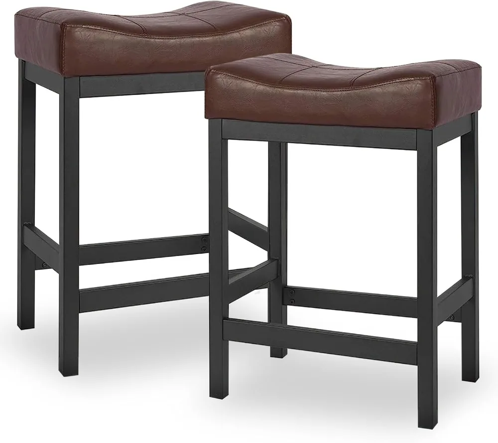 

KATDANS Bar Stools Set of 2, Counter Height Stools 24 Inch Saddle Stools, PU Leather Modern Kitchen Barstools with Metal Base