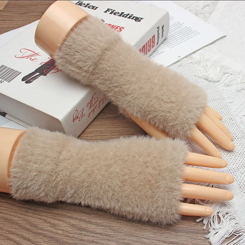 Half finger gloves for women in winter, plush and warm. Students write, type, knit, half cut open finger long gloves