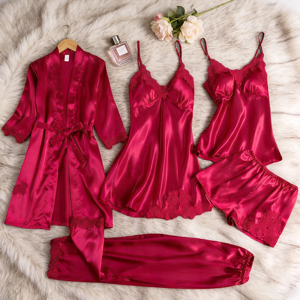 

Комплект из 5 предметов: женская шелковая пижама, сексуальная и элегантная ночная сорочка без бретелек, халат и брюки, мягкий и удобный летний домашний костюм