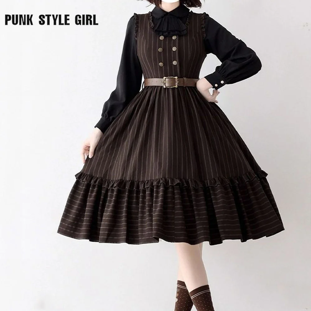 فستان لوليتا عتيق أنيق JSK بدون أكمام لوليتا حلو متوسط الطول مزدوج الصدر مخطط مطبوع فساتين حفلات مكشكشة مرقعة