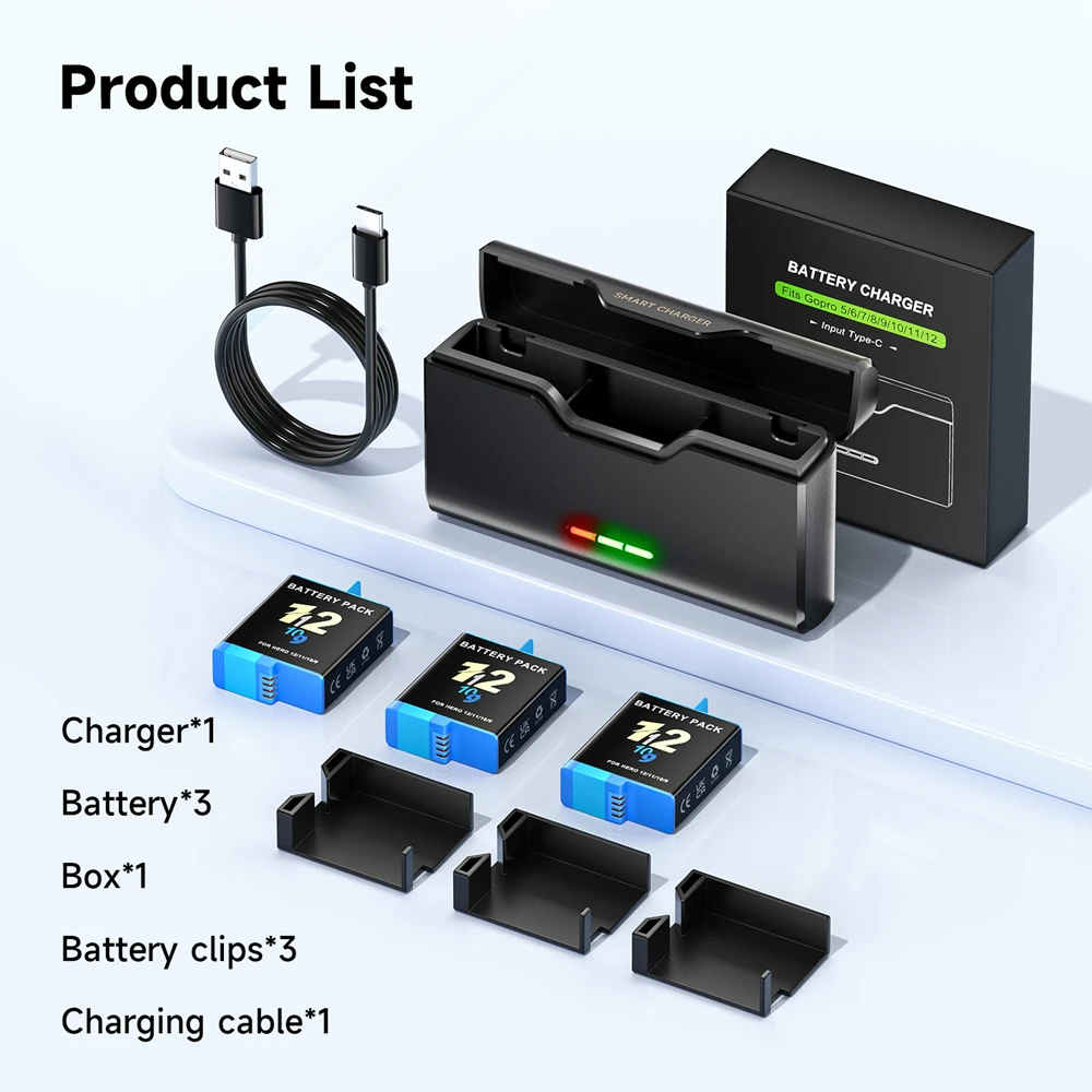 2000mAh for GoPro Hero 12 11 10 9 Black Battery + 3 Slots LED Light Bateria Storage Box Charger for GoPro 12 11 Go Pro 9 Battery