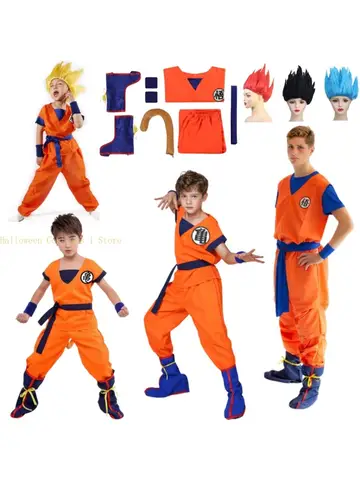 Japan Anime Son Goku Cosplay Costume for Kids Boys Krillin Training Clothes Goku Outfits Cos Super Saiyan Wig Halloween Costumes