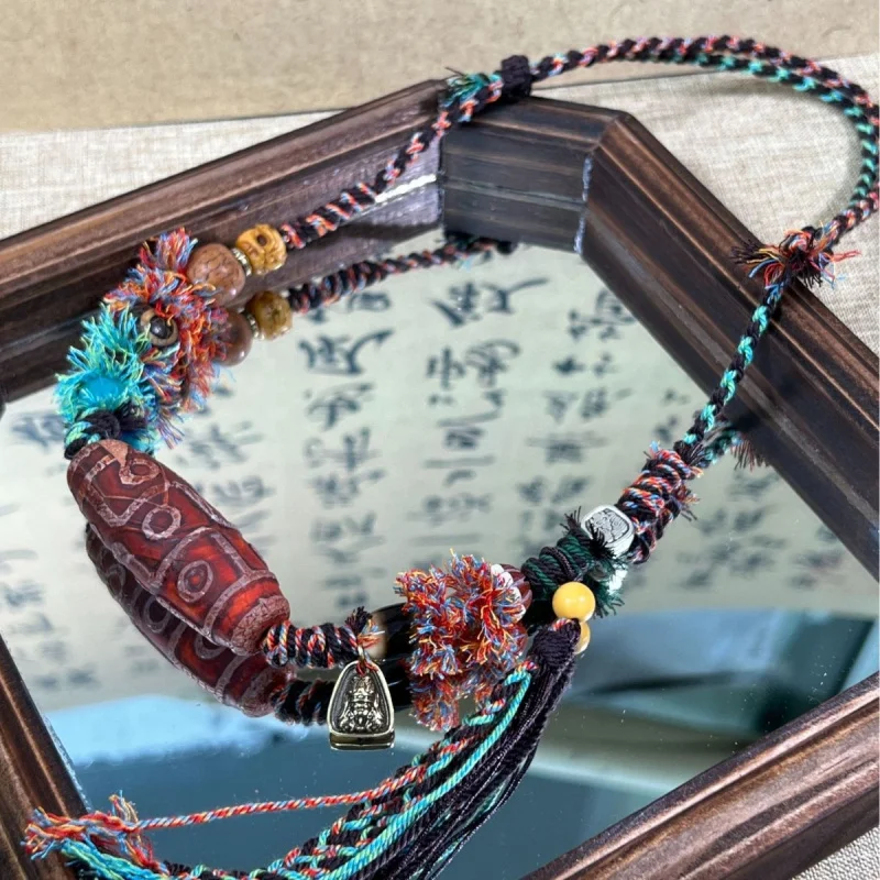 Tibetan-Style Nine-Eyed Old Dzi Bead Necklace Pendant With Handmade Tassels And Multi-Gem Agate Accessories