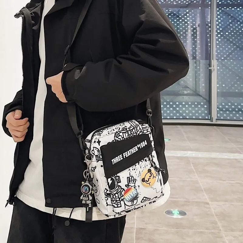 Street Style Men's Crossbody Bag Lightweight Portable Phone Bag Nylon Material Cartoon Pattern Soft Handle Casual Leisure
