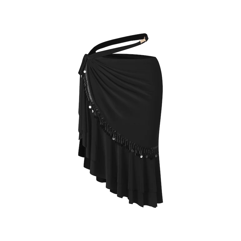 ZYM تنورة رقص اللاتينية النساء ممارسة الملابس غير النظامية تنورة سوداء حبة الترتر هامش وشاح الورك الكبار رومبا Dancewear DNV25387