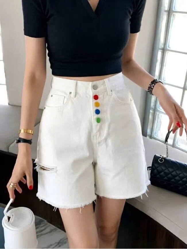 

Button Ripped Denim Jeans Women's High Waist Slim Wide Leg Anti-Aging Hem Short Casual Shorts Trendy