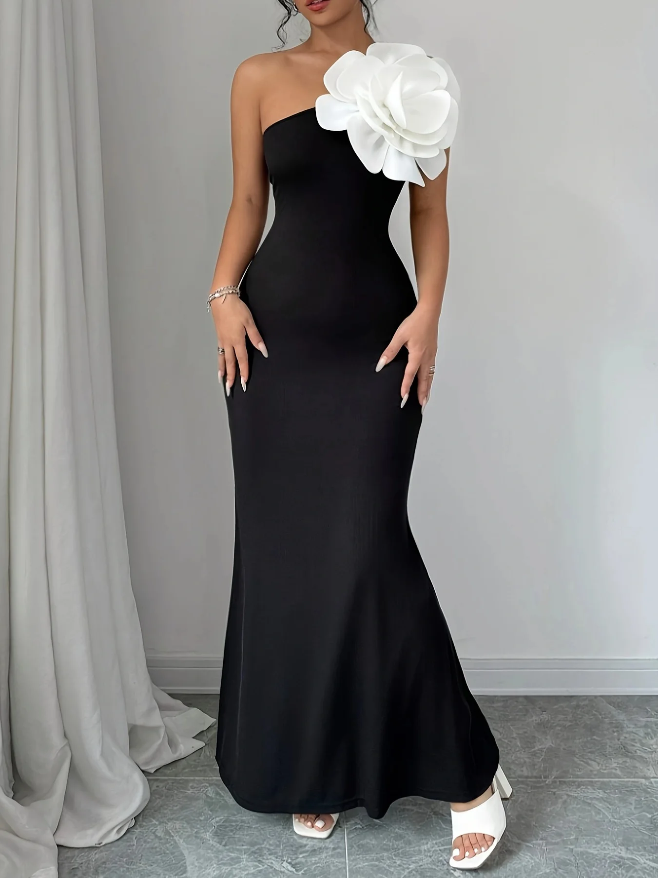 

Black White Women Prom Dress Sexy One Shoulder Sleeveless 3D Flower Long Mermaid Party Gown Autumn Formal Guest Birthday Robe